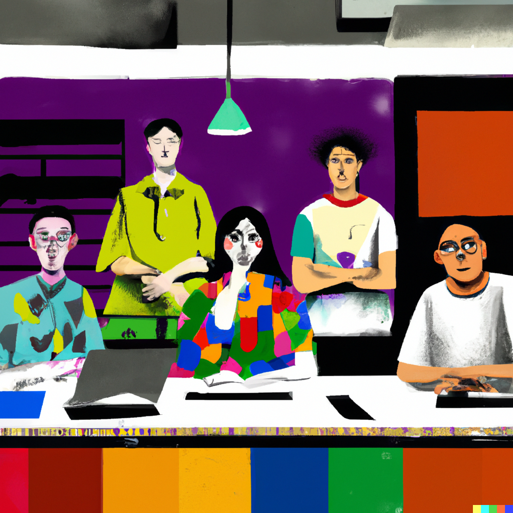 A digital art picture of a group of people in an office or a workshop, who all wear different colors and have different expressions.